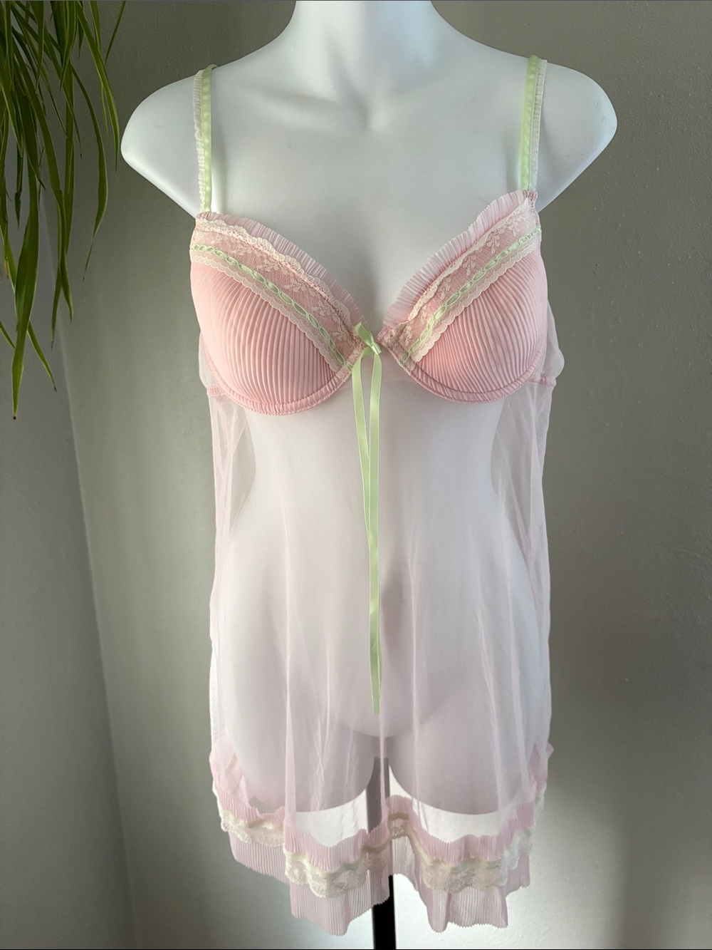delicates Pink Sheer Babydoll Chemise with Pale Green Trim